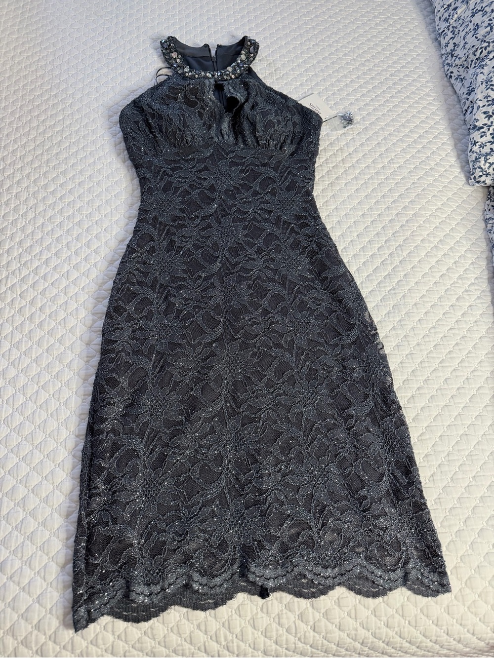 David's Bridal Black Lace Halter Midi Dress with Beaded Neckline